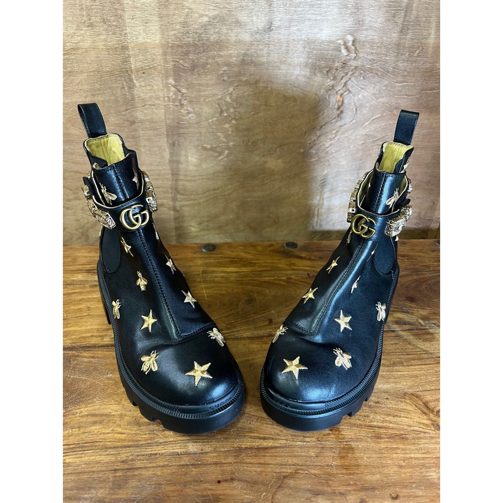 Gucci Black Leather Bee Star Embroidered Crystal Strap Trip Boots Size 40